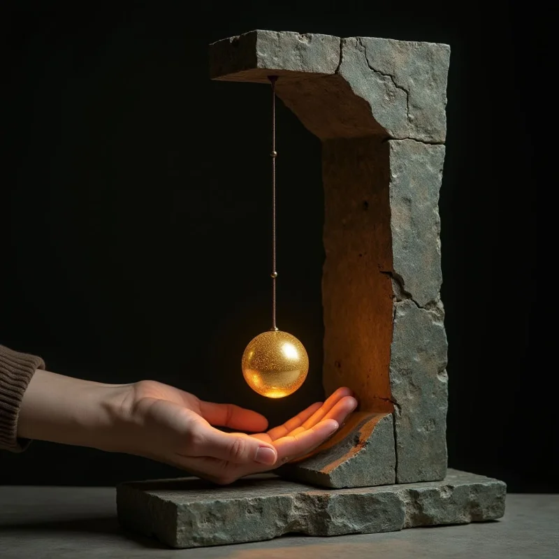 A glowing golden sphere hangs from a thin cord suspended beneath a rugged, grey stone archway. The warm light from the orb illuminates the rough, cracked textures of the stone and the smooth skin of a hand positioned underneath it. The composition is set against a dark, void-like background, creating a sharp contrast between the luminous center and the surrounding shadows.