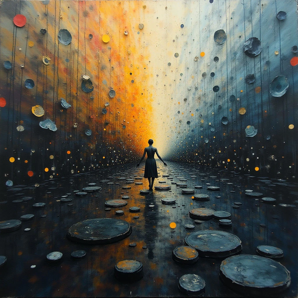 A lone figure walks away from the viewer down a path of dark, circular stones. The walls surrounding the path are covered in similar circles, transitioning from warm orange and yellow hues on one side to cool blues and grays on the other. Small points of light dot both the walls and the ground, creating a sense of depth and mystery.