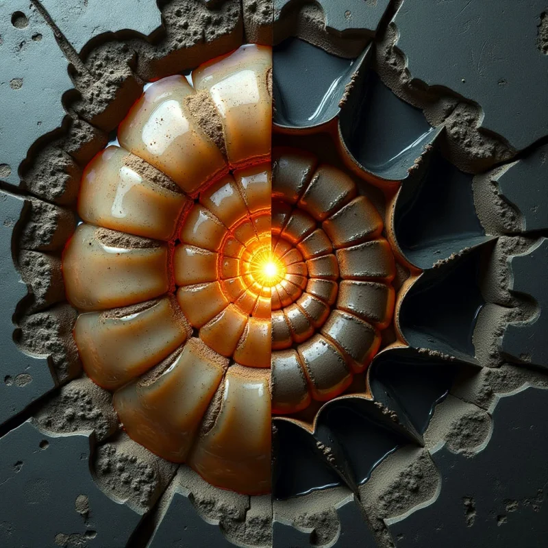 A spiral form is divided vertically between warm amber and cool charcoal tones, featuring smooth, glossy surfaces contrasted against coarse, granular gray textures. A bright light emanates from the central core of the spiral, casting highlights across the polished segments and deep shadows within the rugged surrounding crevices. The composition is centered, creating a symmetrical spatial relationship between the organic curves of the interior and the irregular, jagged edges of the outer frame.