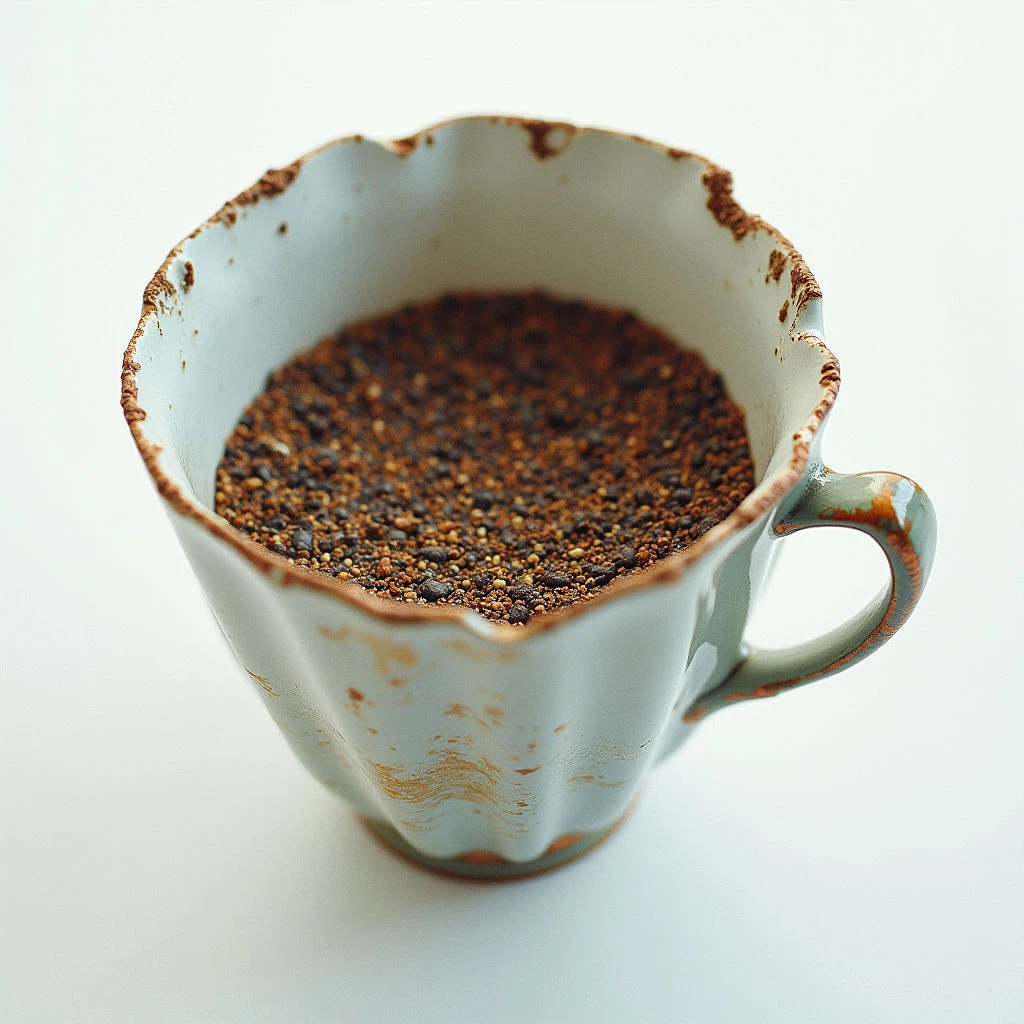 A pale blue teacup, chipped and stained with brown residue, holds a dense pile of coffee grounds. The remnants cling to the scalloped edges and interior walls, suggesting it was recently emptied. It sits alone against a bright white background.