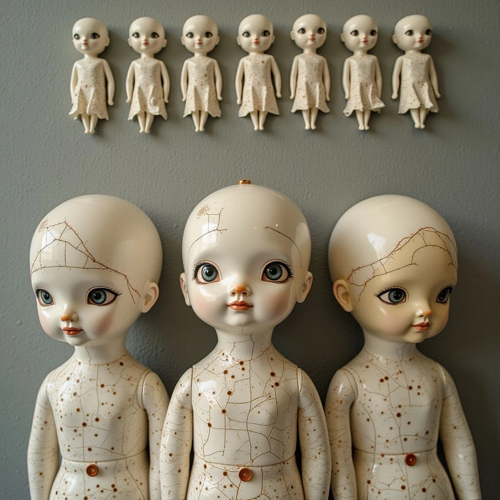 The image features a row of seven small, pale dolls mounted on a gray wall above three larger dolls positioned in the foreground. Both sets of dolls are primarily off-white with visible cracks and reddish-brown markings resembling repairs across their bodies, creating a textured appearance. Light is diffused, casting soft shadows and highlighting the smooth surfaces of the dolls against the flat, neutral background, while spatial relationships suggest depth through scale and placement.