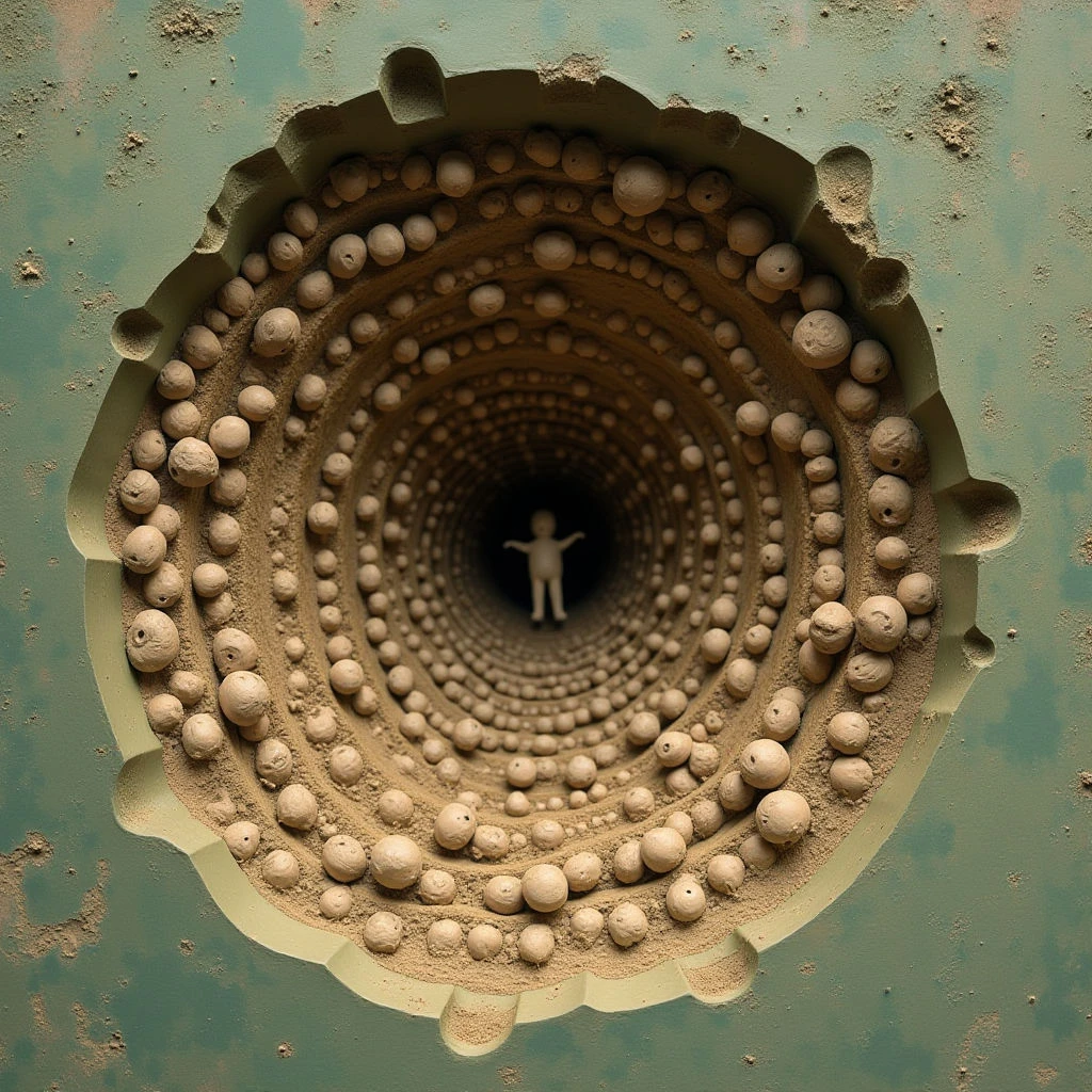 The image features a circular opening within a textured teal surface, filled with concentric rings of small, roughly spherical forms in varying shades of beige and brown. These shapes diminish in size towards the center, creating an illusion of depth leading to a silhouetted human figure at the vanishing point. Light appears diffuse, casting subtle shadows that emphasize the three-dimensional quality of the arrangement and the rough texture of both the surrounding surface and the circular elements.