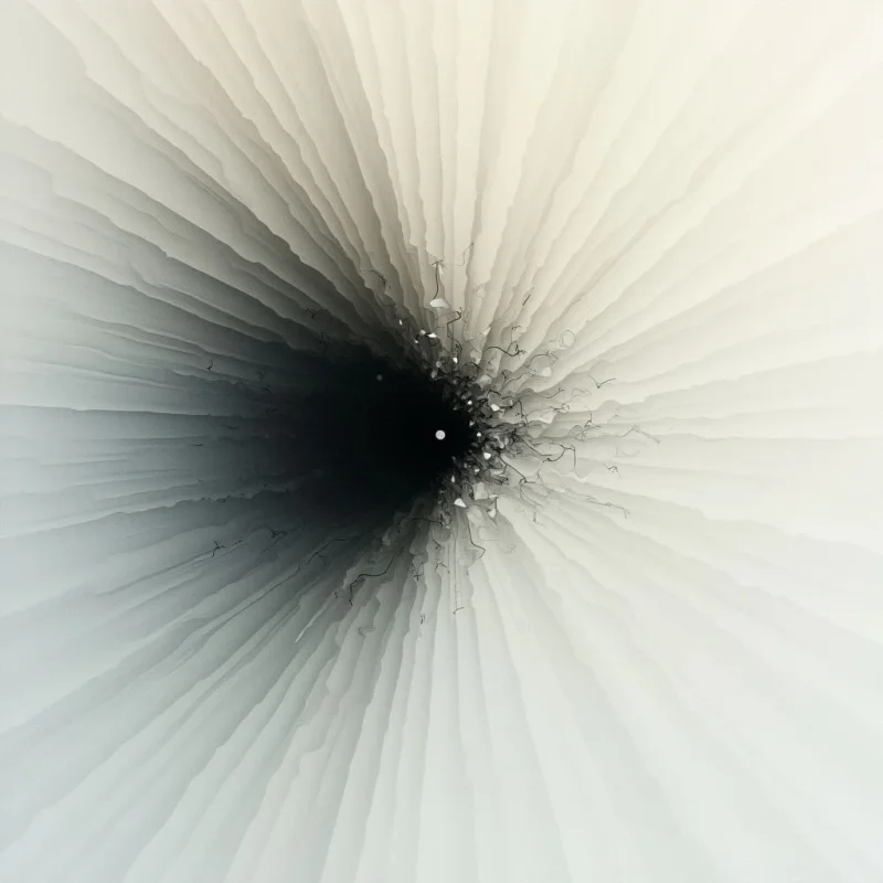 A dark void is centered within a radiating burst of light and shadow. Lines emanate outwards from the darkness, gradually becoming lighter towards the edges of the frame. The overall effect resembles an explosion or implosion captured in grayscale tones.