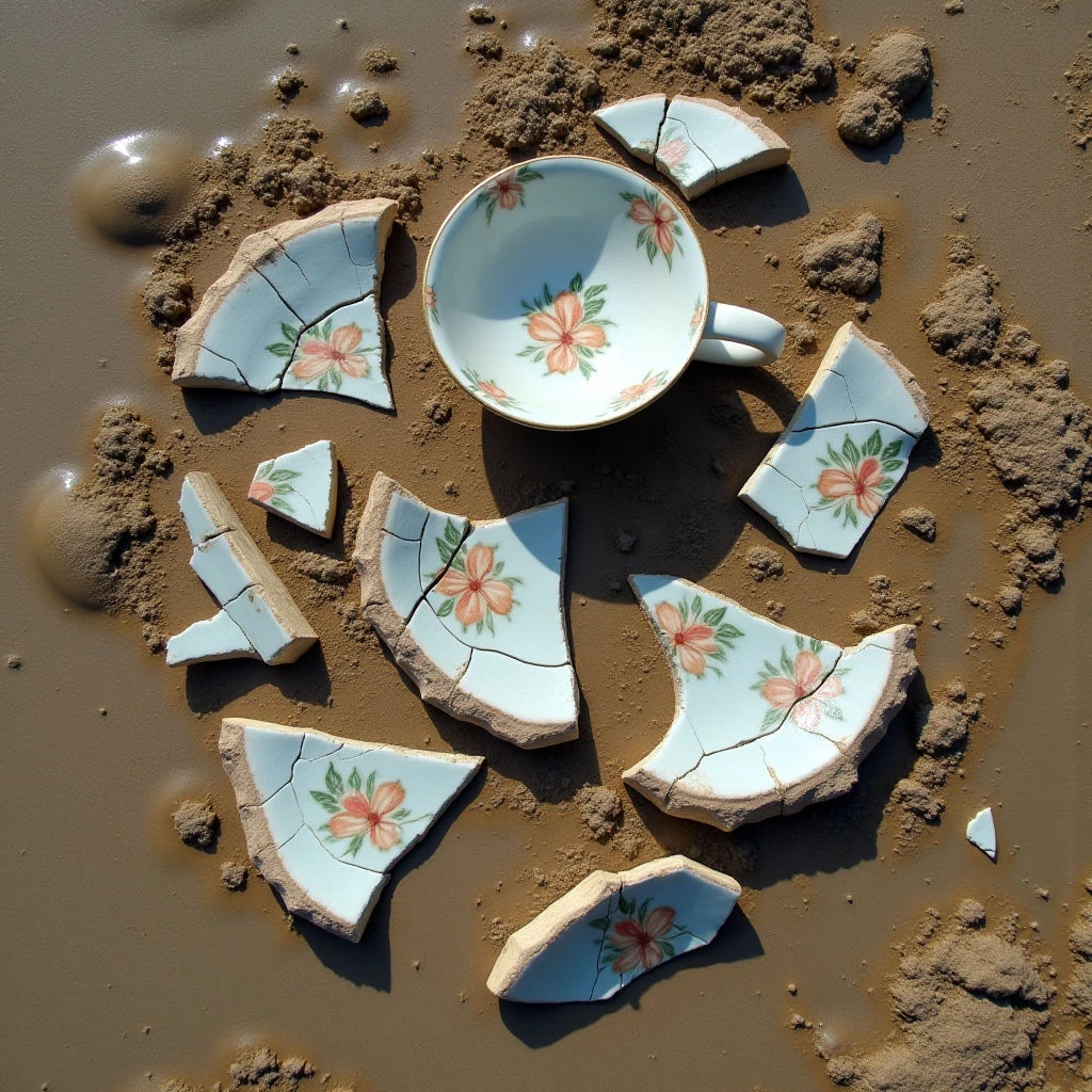 The image features a broken white teacup surrounded by its fragmented pieces on a muddy surface. The fragments and the remaining cup section display floral patterns in shades of peach, green, and brown against the white base, with visible crack lines throughout. Light casts shadows around the objects, suggesting a low angle source, while the spatial arrangement places the shards irregularly around the intact portion of the teacup within the wet, textured mud.
