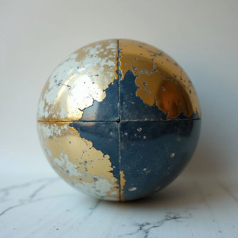 The image features a spherical object divided into quadrants of gold and dark blue with areas of chipped or worn paint revealing lighter tones beneath. The surface appears textured and slightly irregular, contrasting with the smooth background and wooden plane it rests upon. Soft light illuminates the sphere from above and to the left, creating highlights and shadows that emphasize its rounded form and placement in space.