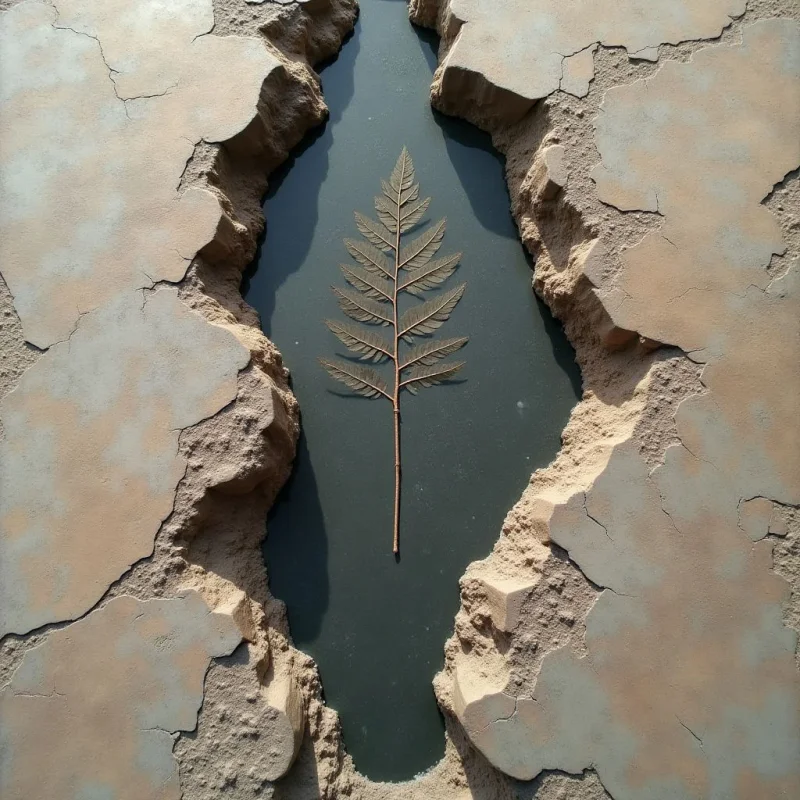 A single, delicate brown leaf rests centered within a dark, smooth void surrounded by jagged, earth-toned terrain. The composition features rough, cracked textures on the light tan surface that contrasts against the deep, matte darkness of the central opening. Light falls from above, casting soft shadows along the irregular edges of the crevice and highlighting the fine structure of the leaf.