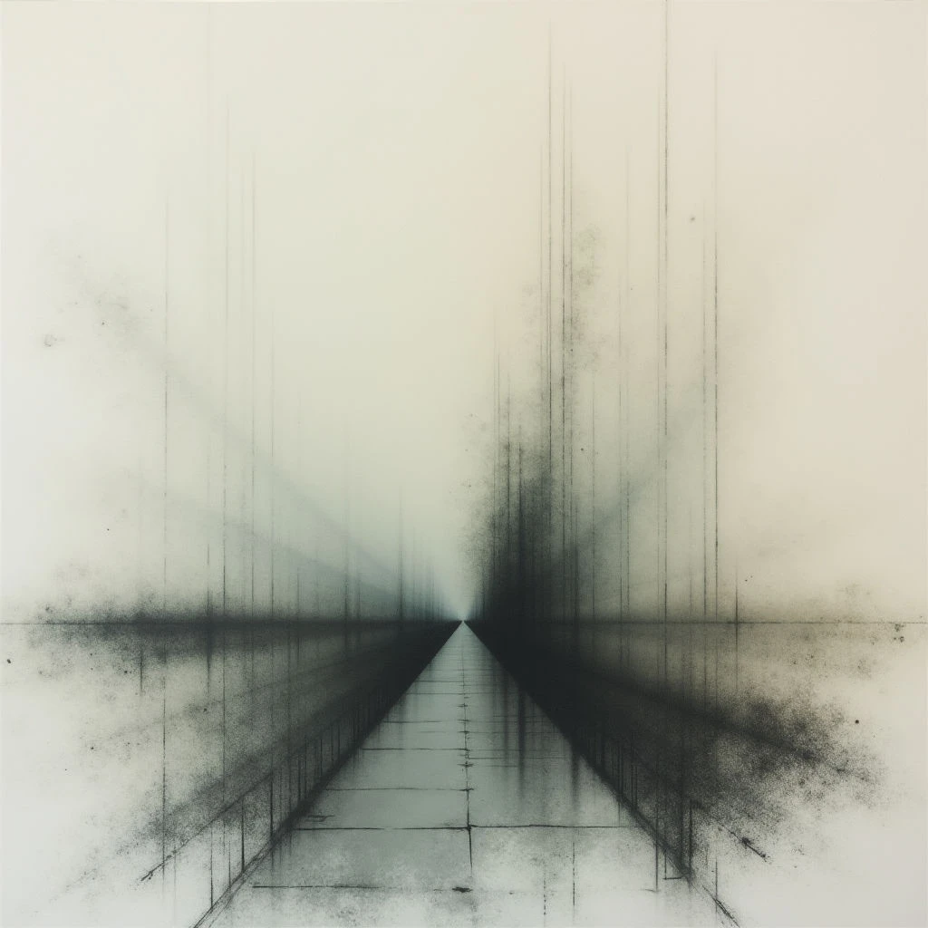 A long, straight path stretches into a hazy distance, appearing to converge at a dark focal point. Dense vertical lines radiate outwards from both sides of the path, creating an illusion of depth and movement. The overall tone is muted and atmospheric, with a sense of quiet isolation despite the converging perspective.