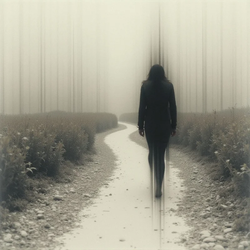 A lone figure walks away down a winding dirt path through a dense, misty forest. The person is silhouetted in dark clothing and appears somewhat blurred or faded as they move further into the distance. Tall trees line both sides of the path, disappearing into the fog, creating an isolating and ethereal atmosphere.