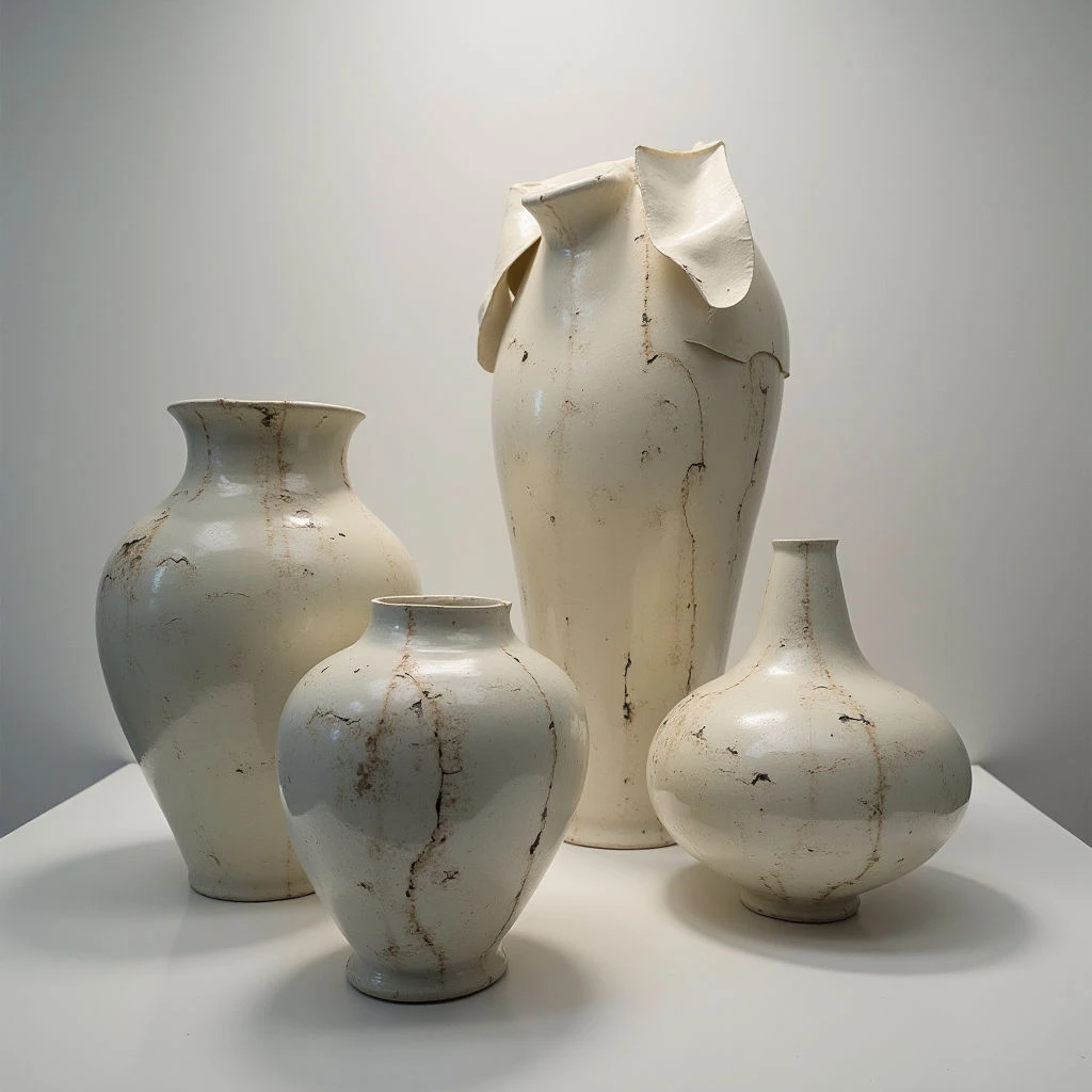 Four off-white vases of varying shapes and sizes stand together on a smooth, pale surface. Each vase is marked with thin, branching lines that resemble cracks or veins running through the material. The tallest vase is notably damaged at its neck, appearing broken and reconstructed with rough edges.