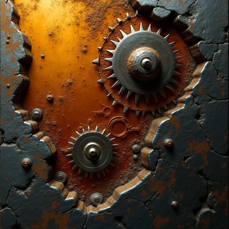 An orange, textured background is framed by irregular, dark gray jagged edges that resemble broken stone or metal. Two metallic, silver gear-like shapes with sharp triangular teeth are positioned within the central void, one significantly larger than the other. Light appears to emanate from the upper left, casting soft shadows and highlighting the granular, rusted textures across the surfaces.
