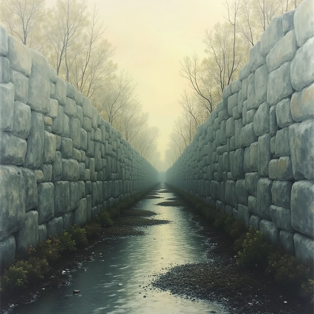 A narrow waterway flows through a long, stone-walled channel. Tall, gray walls rise on either side, lined with bare trees fading into a hazy distance. The water is still and dark, reflecting the muted light of an overcast sky.