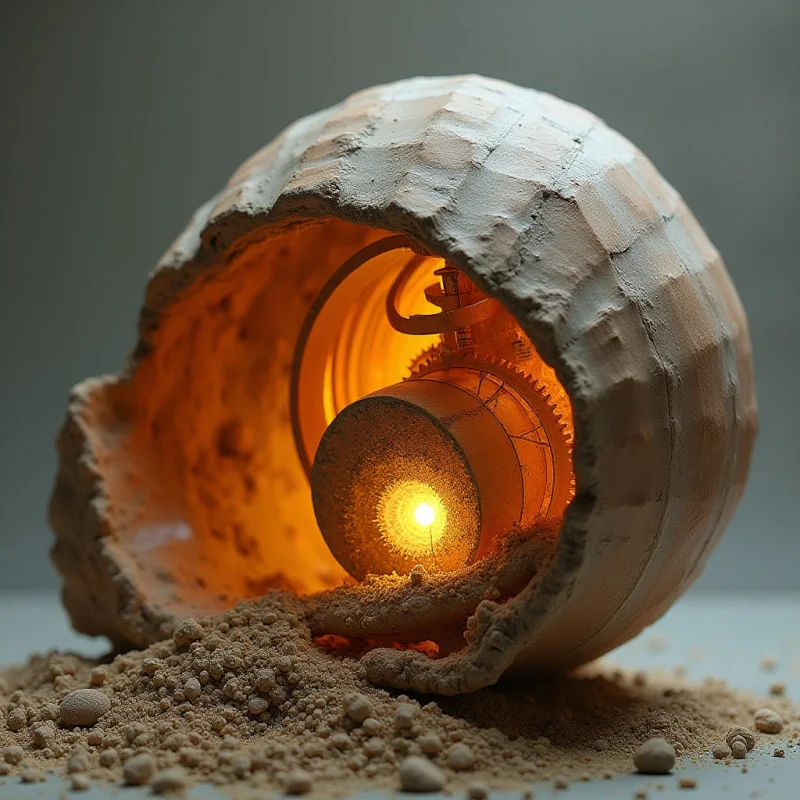 A textured, tan ceramic shell rests on a bed of coarse sand, partially broken to reveal a glowing orange interior. Within the hollow center, intricate metallic gears and mechanical components are illuminated by a bright, concentrated light source. The composition features a high contrast between the matte, earthy exterior and the warm, luminous machinery nestled inside.