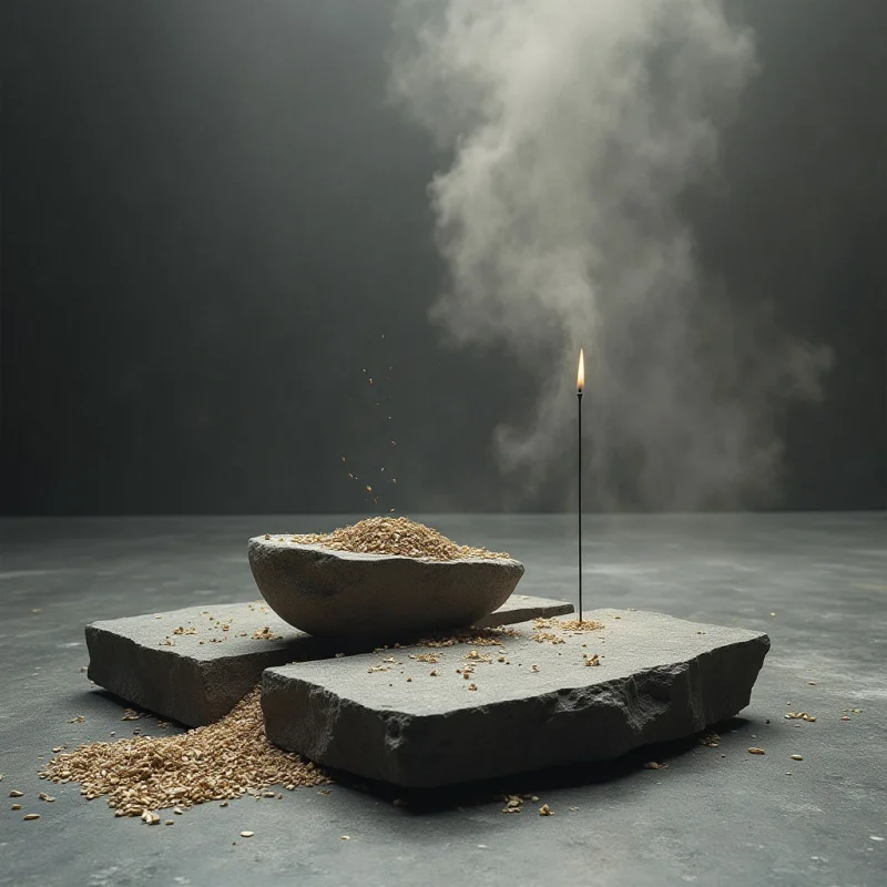 A shallow stone bowl filled with tan grains sits atop layered, jagged grey slabs against a dark, muted background. A single thin candle flame provides a pinpoint of warm light, casting a soft glow that illuminates rising plumes of white smoke. The composition features organic textures of rough stone and scattered granules contrasted against the ethereal, fluid shapes of the smoke.