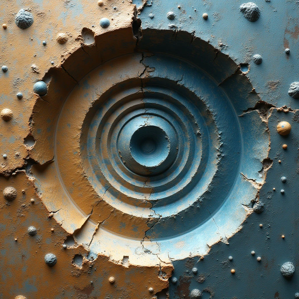 The image features a central spiraling form recessed into a flat plane, contrasting shades of teal and ochre dominating the color palette. Rough, granular textures are present across both surfaces, with small spherical protrusions scattered around an irregularly fractured edge separating the two colors. Light appears diffused, casting subtle shadows within the spiral’s layers and highlighting variations in surface relief.