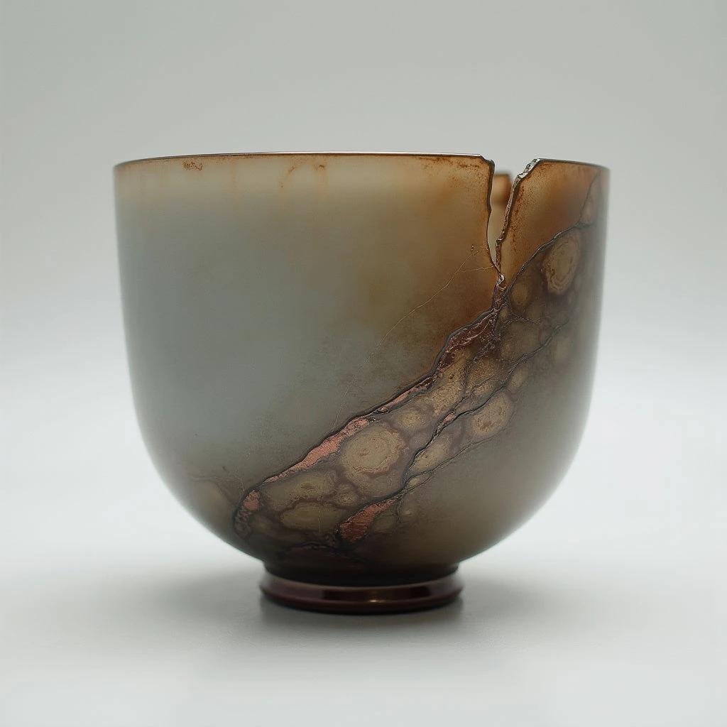 The object is a rounded vessel with a gradient of color shifting from pale green to amber and brown tones. A network of dark brown lines and mottled patches disrupt the smooth surface near the lower portion of the form, creating visual texture. The piece rests on a small, circular base and is illuminated by soft, diffused light that highlights its curved shape against a neutral background.
