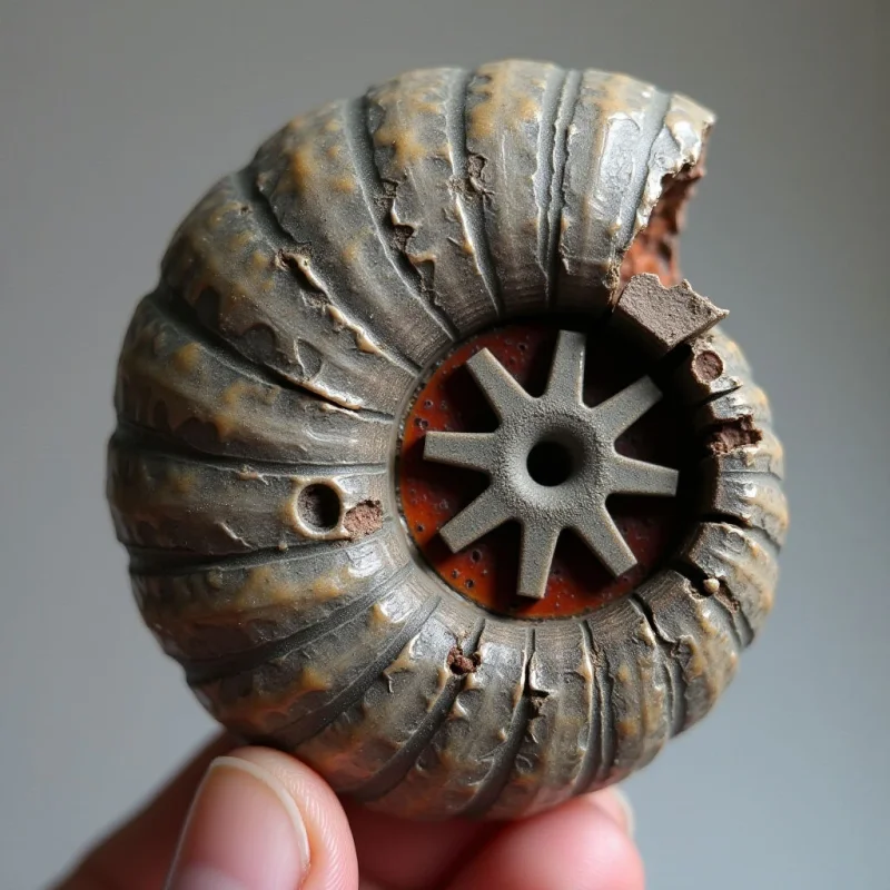 A spiral-shaped fossil features a textured, ribbed surface in shades of grey and earthy brown, punctuated by small, bumpy protrusions. The center reveals a dark reddish-brown interior with a star-like radial pattern of thick, grey spokes surrounding a hollow core. Soft, even light illuminates the object against a neutral grey background, emphasizing the depth of its grooves and the contrast between its outer shell and inner structure.