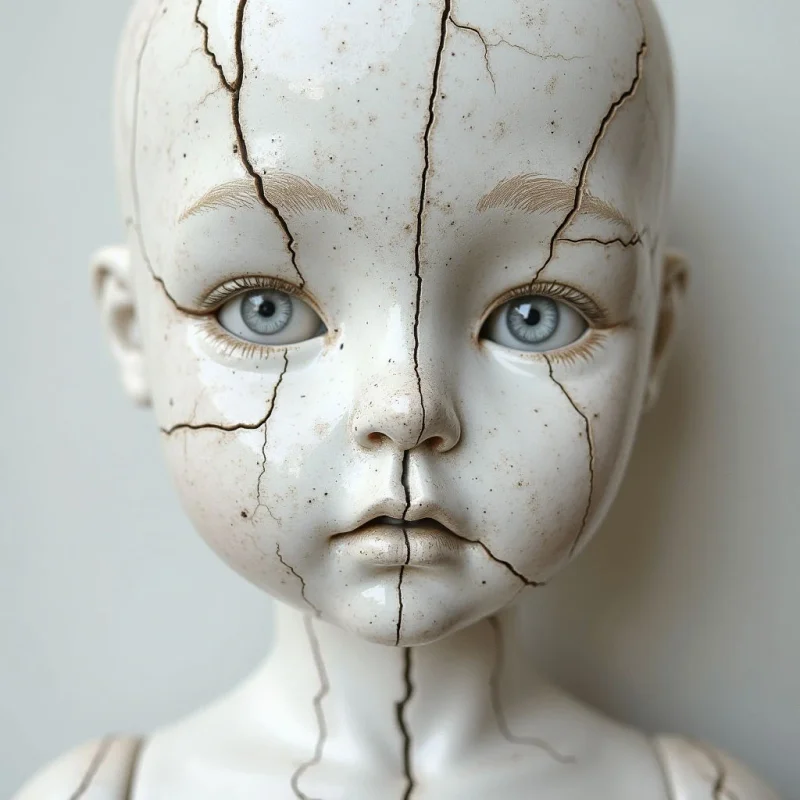 The image presents a close-up of a pale face with a network of fine cracks across its surface. The color palette is primarily off-white and beige, contrasted by bright blue eyes framed by dark lashes and eyebrows. Soft light illuminates the front of the face, creating subtle shadows that emphasize the texture of the cracks and rounded forms of the facial features.