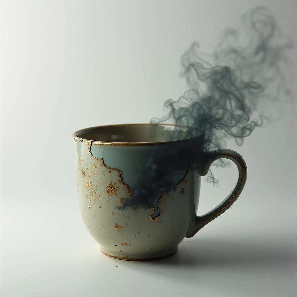 A cracked ceramic mug sits on a pale surface, filled with a dark liquid from which wisps of gray smoke rise. The mug is a muted teal color with speckled brown details and a distressed appearance around the fractures in its side. Smoke curls upwards, obscuring part of the opening and creating an unsettling atmosphere.
