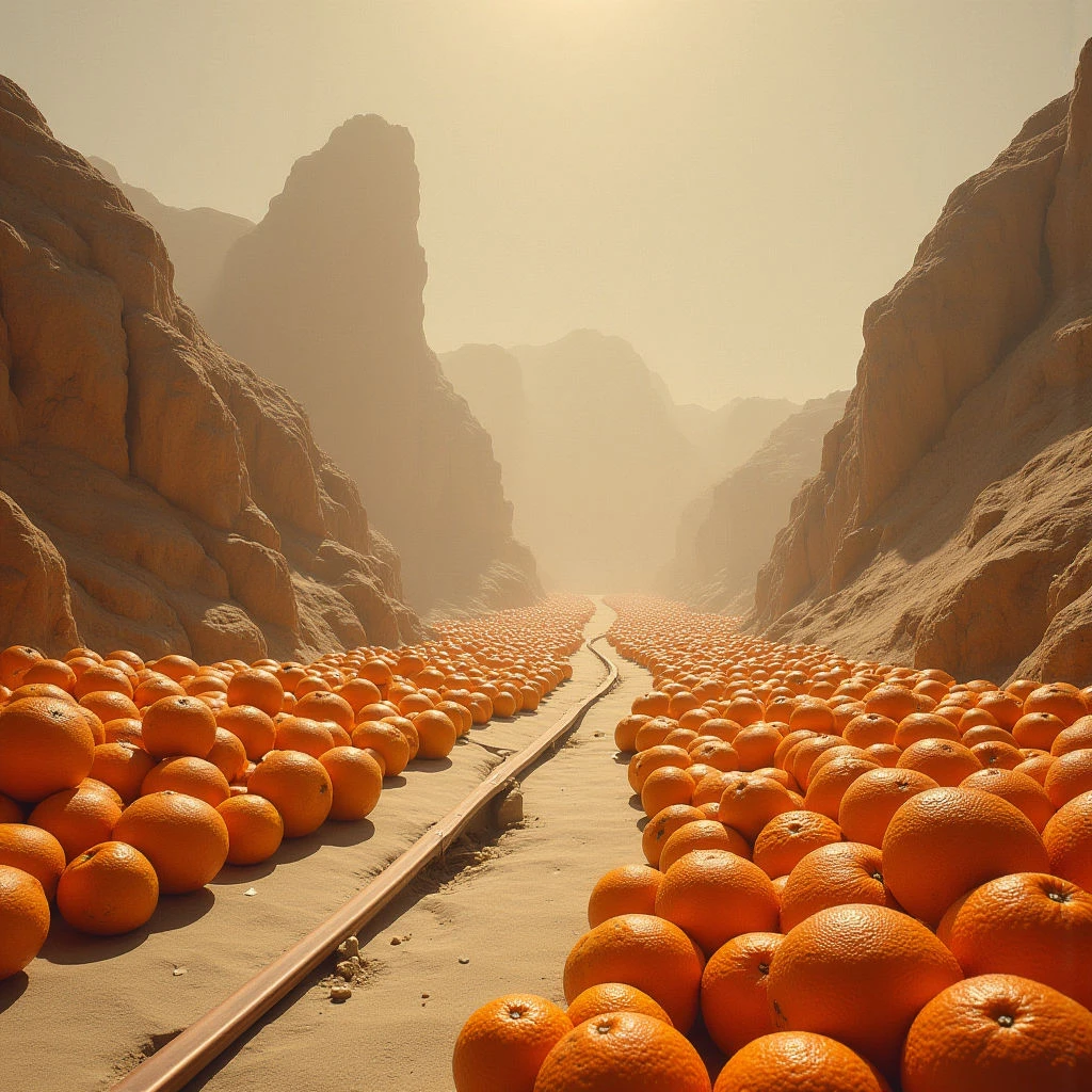 The scene depicts a long, narrow canyon filled with rows of bright orange spherical objects extending into the distance along a central track. The canyon walls are composed of rough, layered rock in shades of tan and brown, contrasting with the smooth texture of the fruit and the sandy ground. A hazy golden light permeates the space, diminishing visibility towards the horizon and creating a sense of depth within the enclosed environment.