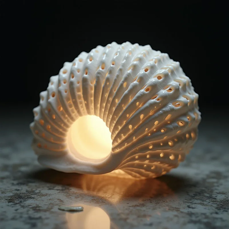 A white, spiraled seashell with a ridged and perforated texture sits centered against a dark background. Warm light glows from within the shell's hollow center, casting soft illumination through its small holes and creating a bright reflection on the speckled, stone-like surface below. The composition emphasizes the contrast between the luminous, organic curves of the shell and the surrounding shadows.