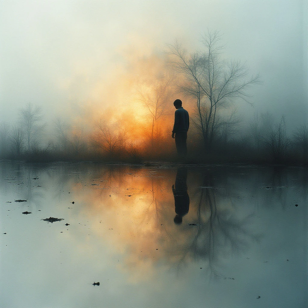 A lone figure stands at the edge of a still, reflective body of water, silhouetted against a hazy orange and grey sky. Bare trees line the distant shore, disappearing into thick fog. The man’s mirrored image is perfectly cast on the water's surface, creating a sense of isolation and quiet contemplation.