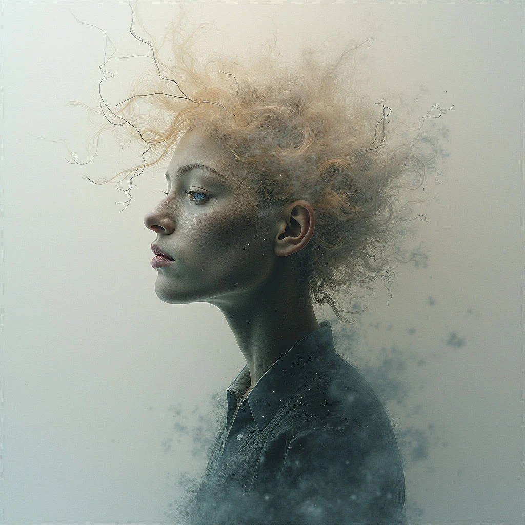 A young woman with striking blue eyes and pale skin is shown in profile, her gaze directed slightly upwards. Her blonde hair appears to be dissolving into particles that float around her head and shoulders. The lower portion of her body fades into a similar cloud-like effect, creating an ethereal, disintegrating impression.