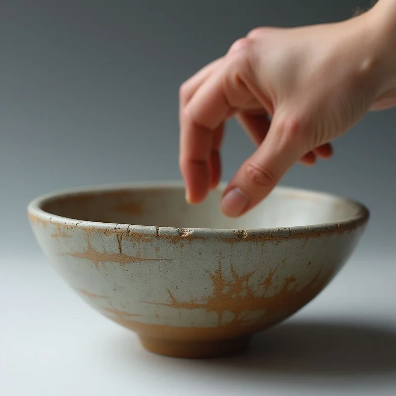 The image features a bowl with a speckled off-white interior and a warm brown exterior rim, contrasted against a muted gray background. A hand with pale skin extends towards the bowl’s edge, partially obscuring it from view. Soft light highlights the textures of both the ceramic—appearing slightly rough and cracked—and the smooth curves of the hand, creating subtle shadows within the bowl's form and around its base.