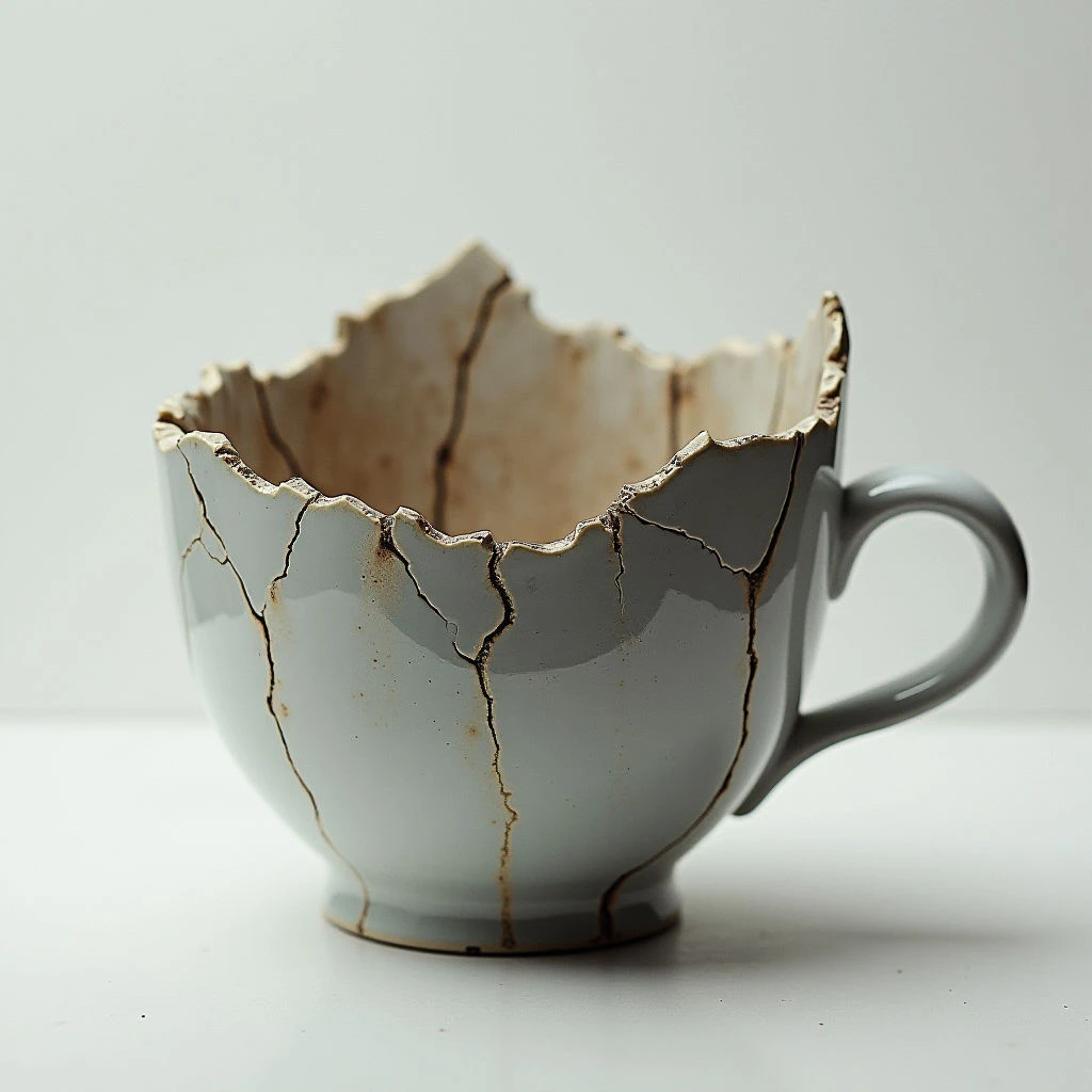 A pale blue teacup sits against a neutral background, visibly cracked and broken around the rim. The inside of the cup is rough and uneven, revealing a lighter, worn surface beneath the glaze. Despite its damage, the handle remains intact and the cup stands firmly on its base.