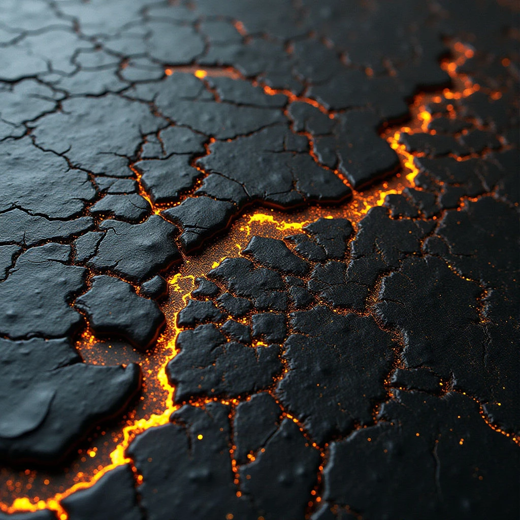 The image features a dark, fractured surface with irregular polygonal shapes delineated by glowing orange lines. The texture appears rough and uneven across the larger forms, contrasted by the smooth, bright illumination within the cracks. Light emanates from these fissures, creating depth and suggesting an internal source beneath the fragmented plane.