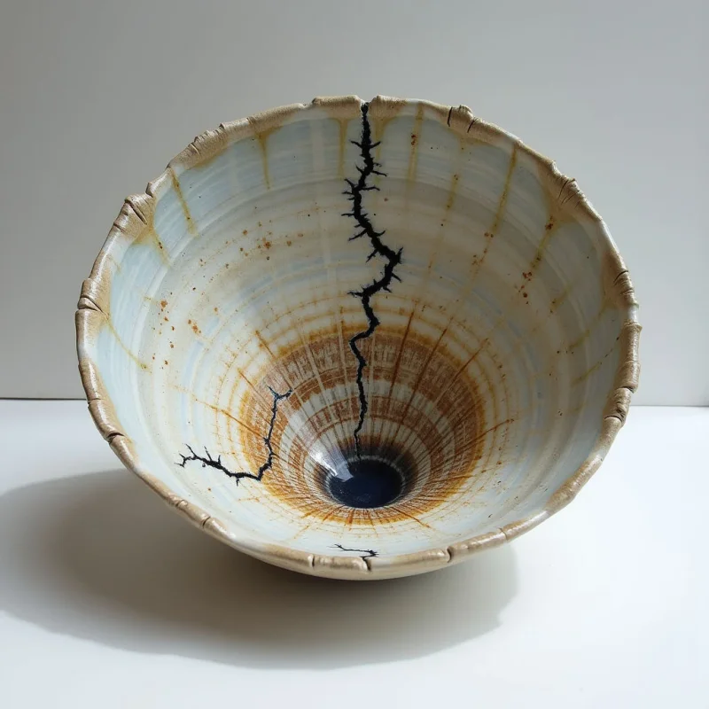 A wide ceramic bowl features a palette of cream, pale blue, and earthy ochre with dark brown accents radiating from the center. A jagged, dark fissure cuts vertically through the textured surface, which transitions from smooth glazes to fine, radial striations. Bright, even light illuminates the vessel against a neutral white background, casting a soft shadow beneath its irregular rim.