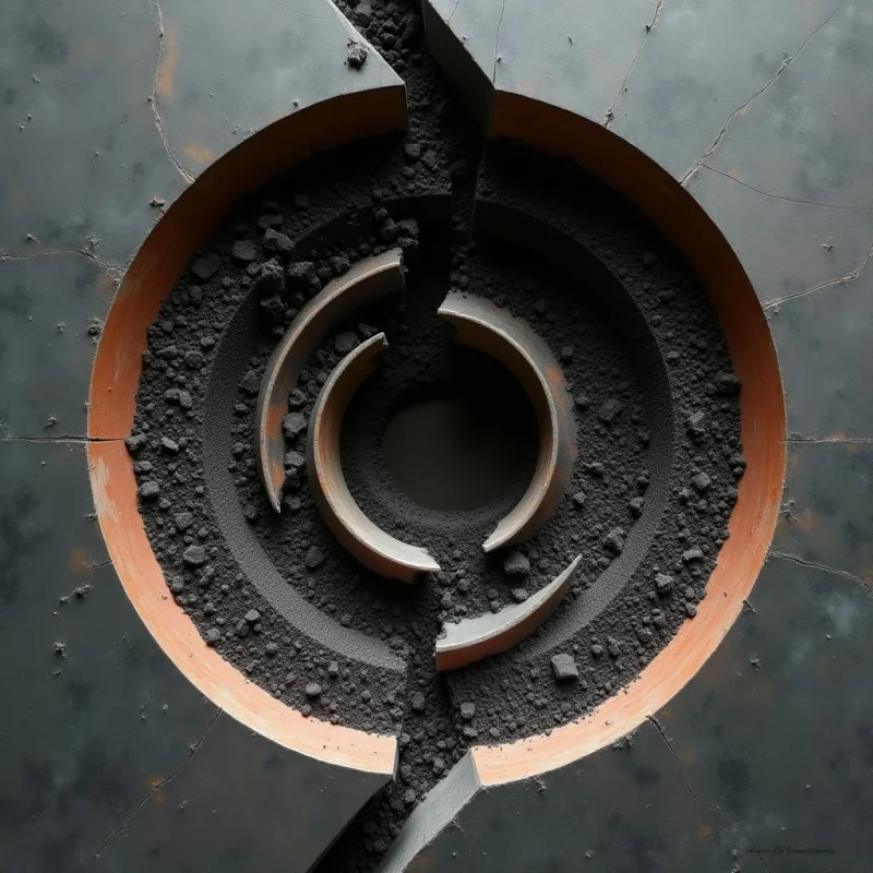 A large circular cutout reveals concentric rings and a dark central void filled with coarse, granular black material. The composition features a palette of muted slate gray and earthy terracotta tones, defined by sharp geometric edges and jagged cracks. Light falls evenly across the textured surfaces, emphasizing the contrast between the smooth metallic planes and the rough, pebbly substance within the central depression.