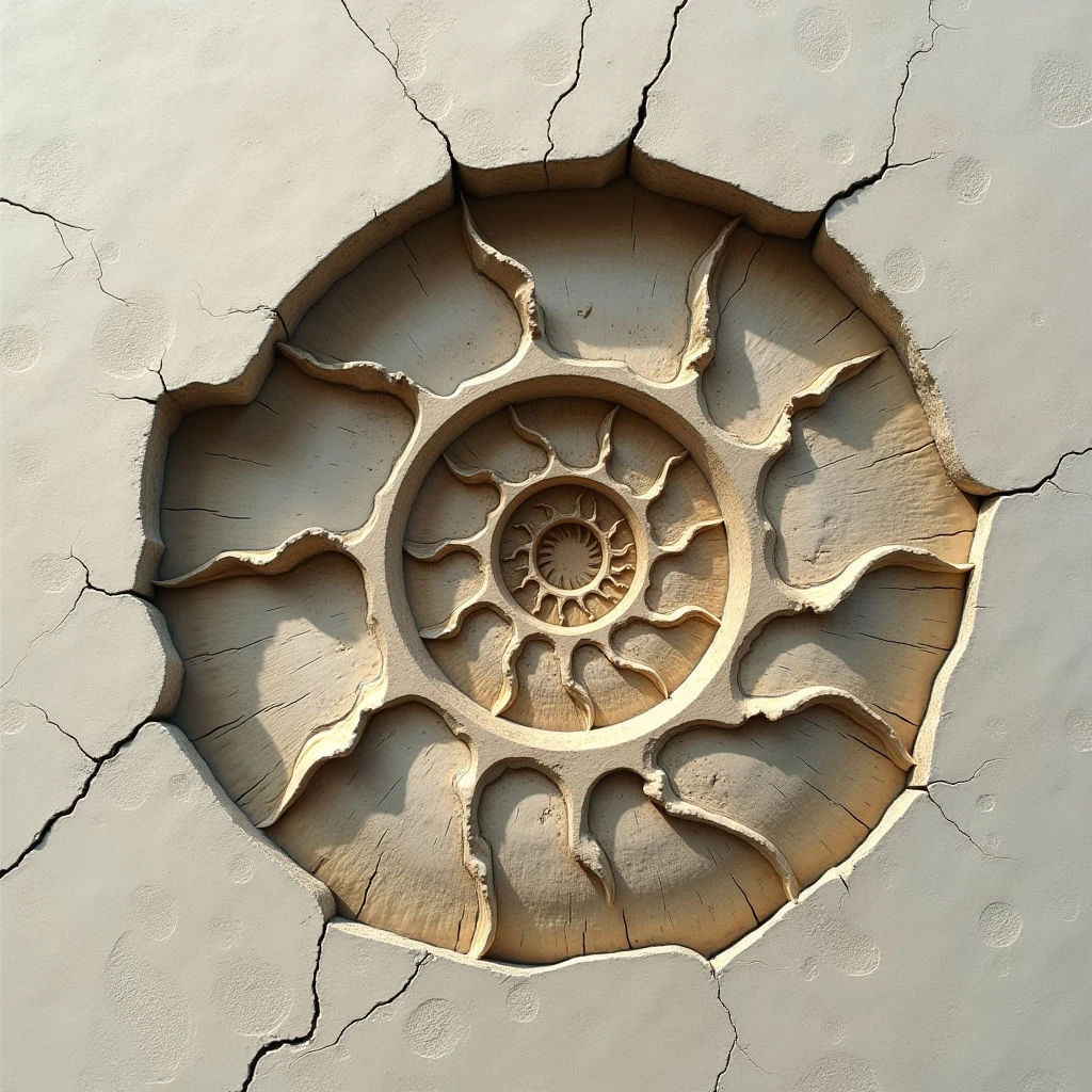 The image features a spiraling form carved into a pale beige surface with extensive cracking throughout. The carving exhibits smooth, rounded edges and concentric circular shapes that create a sense of depth, contrasting with the rough, fragmented texture of the surrounding material. Light appears to fall unevenly across both surfaces, highlighting the relief of the spiral and casting shadows within its chambers and along the cracks.