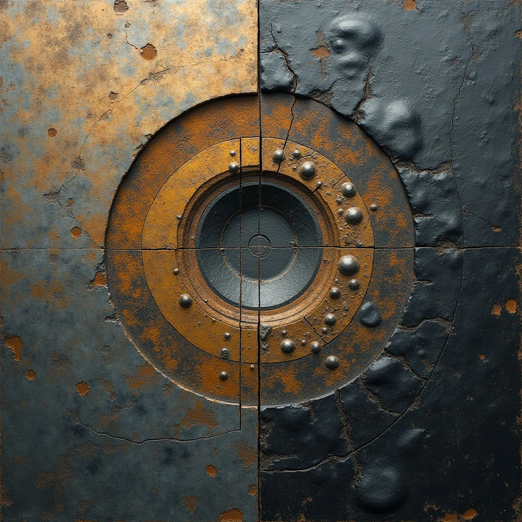 The image is divided vertically into two distinct sections—one primarily golden-brown and the other a dark blue-gray—both exhibiting heavily textured surfaces with visible cracks and imperfections. A circular form bisects both halves, featuring concentric rings of raised rivets around a central hollow space; this circle appears slightly recessed within the overall plane. Light sources create highlights on the raised elements, emphasizing depth and casting shadows that suggest a three-dimensional quality to the composition.