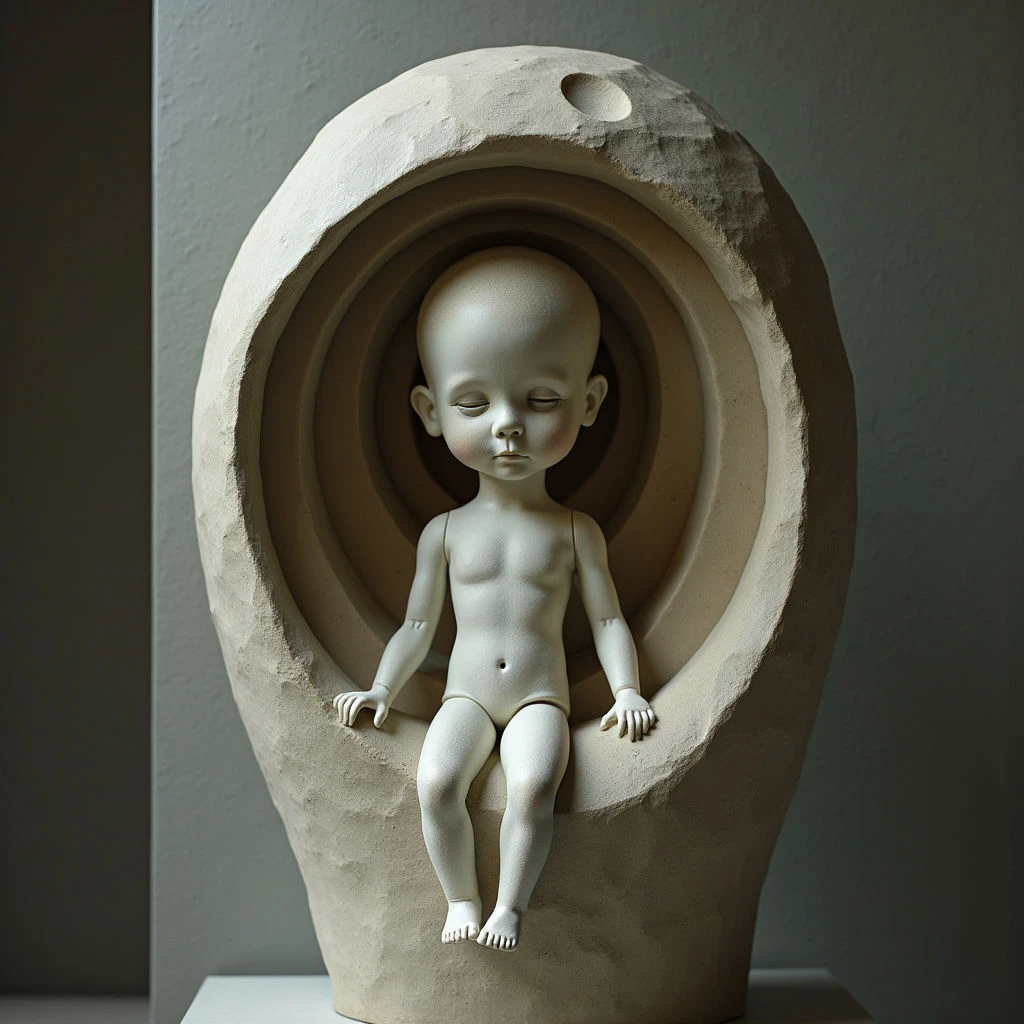 The image features a pale sculpture of a seated child nestled within a larger, roughly textured ovoid form. The color palette is largely monochromatic, consisting of variations in off-white and beige tones with subtle shadows defining the shapes. Soft light illuminates the figure from the front, creating gentle gradations on both the child's smooth skin and the coarser surface of the surrounding shell-like structure.