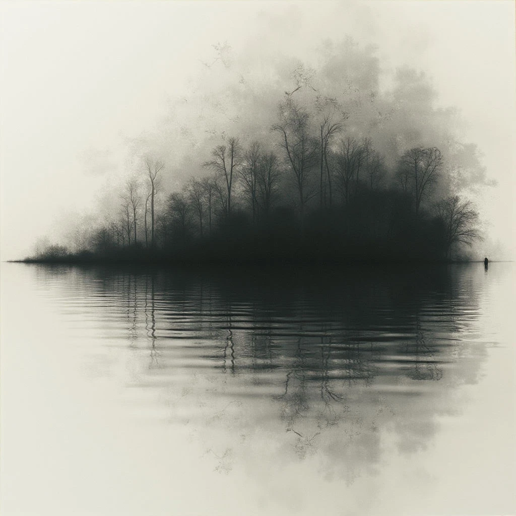 A dark cluster of bare trees rises from a still, reflective body of water. A lone figure stands at the edge of the island, barely visible against the shadowy foliage. The entire scene is cast in muted tones and shrouded by a soft haze, creating an atmosphere of quiet isolation.