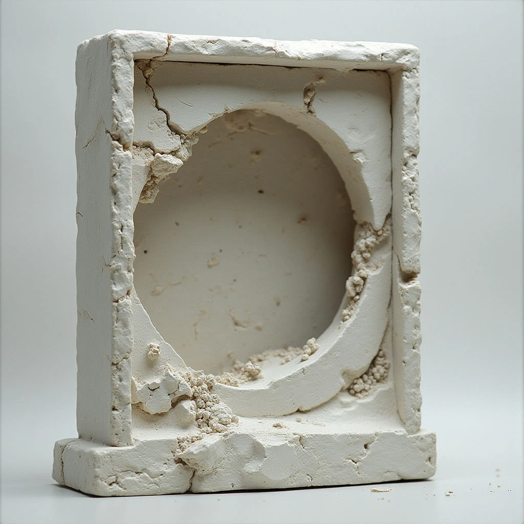 The object is primarily off-white with a matte texture and visible cracks throughout its surface. It features a square frame containing a circular void, resting on a rectangular base—both elements exhibit rough, crumbling edges. Soft, diffused light illuminates the sculpture from multiple directions, creating subtle shadows within the central opening and along the textured surfaces.