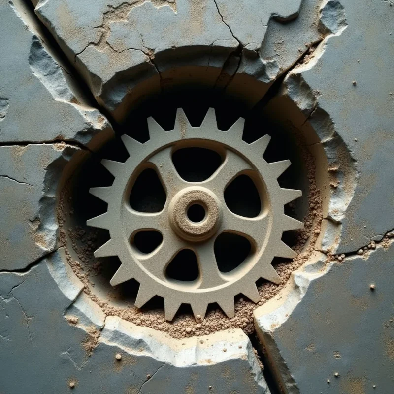 A single, light-beige gear is centered within a jagged, circular crater in a matte gray surface. The composition features rough, crumbling textures and deep cracks radiating outward from the central indentation. Soft, directional light creates shadows within the crevices and highlights the granular debris scattered around the gear's teeth.