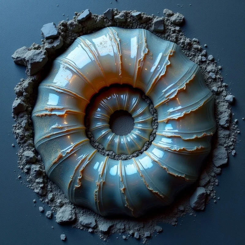 The image features a central, ring-shaped object with a smooth, glossy surface transitioning in color from blue to orange. This form is surrounded by a rough texture of fragmented gray material scattered across a dark blue background. Light reflects intensely off the curved surfaces of the central shape and creates highlights within the surrounding debris, suggesting a three-dimensional space with varying depths.