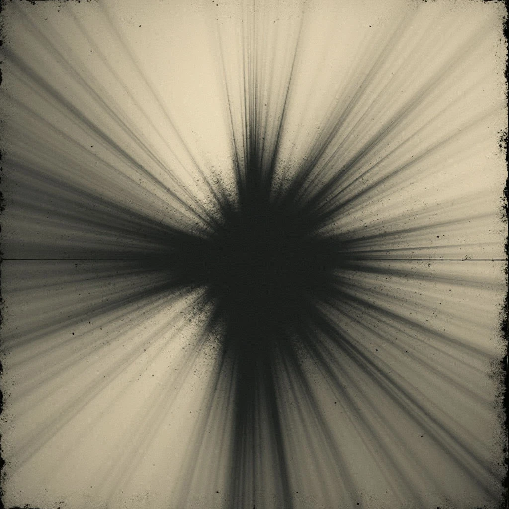 A dark, central void radiates lines outward towards a pale background. The lines are densely packed near the center and become increasingly sparse as they extend away from it. A subtle horizontal line bisects the image, adding to the symmetrical composition.