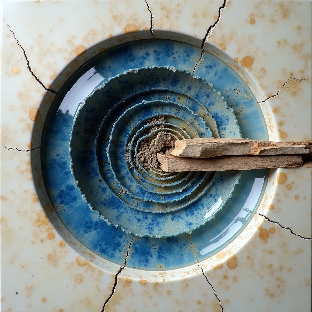 The image features a spiraling form of concentric blue and green rings contained within a larger, cracked off-white surface. Varying textures are present, from the smooth glaze of the spiral to the rough cracks on the surrounding plane and granular material at the center. Light appears diffuse, casting subtle shadows that emphasize the depth of the spiral’s layers and highlighting the wood fragment intersecting it.
