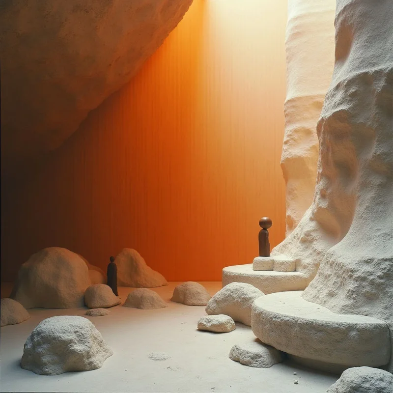The scene is dominated by warm tones of beige and orange, with a gradient effect on the back wall transitioning from lighter to darker shades. Rough, organic shapes define the rock formations and scattered stones, contrasting with smoother, stepped platforms that lead upwards toward a central figure. Light appears to emanate from above, casting soft shadows and highlighting the textured surfaces within an enclosed, cave-like space.