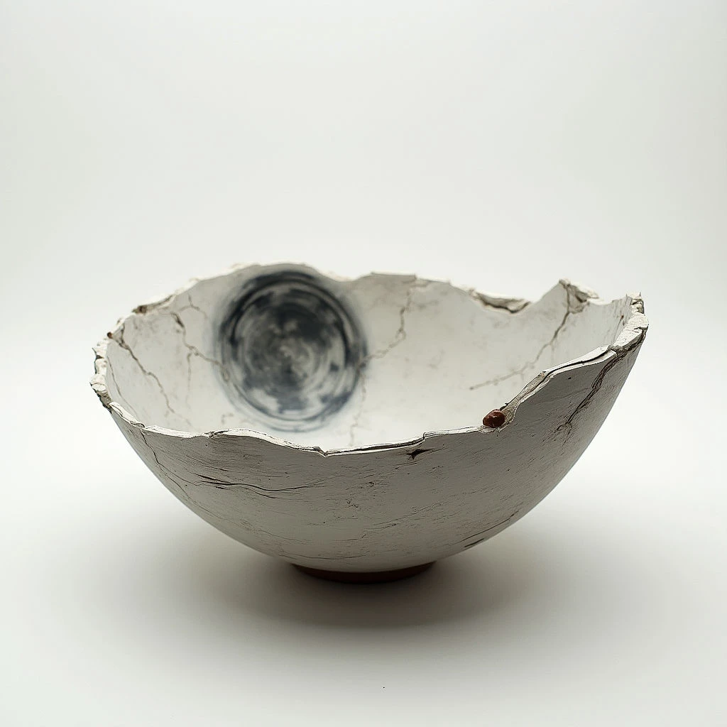 A roughly formed, shallow bowl sits against a stark white background. The bowl is primarily off-white with a network of cracks across its surface and a dark, swirling pattern visible within the center. A small foot supports the bowl, revealing a reddish-brown clay base.
