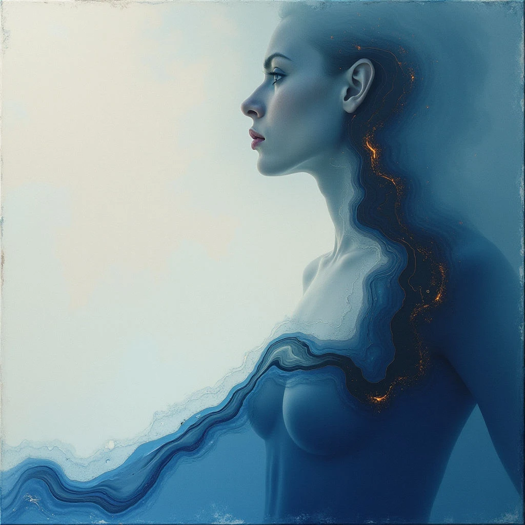 The image features a profile view of a woman whose form appears to be partially dissolving into flowing blue shapes reminiscent of water or smoke. Cool blues and whites dominate the palette, contrasting with small flecks of orange light concentrated along one side of her body and hair. The background is a soft, pale gradient, creating a sense of depth that emphasizes the figure’s smooth curves against the more turbulent textures below.