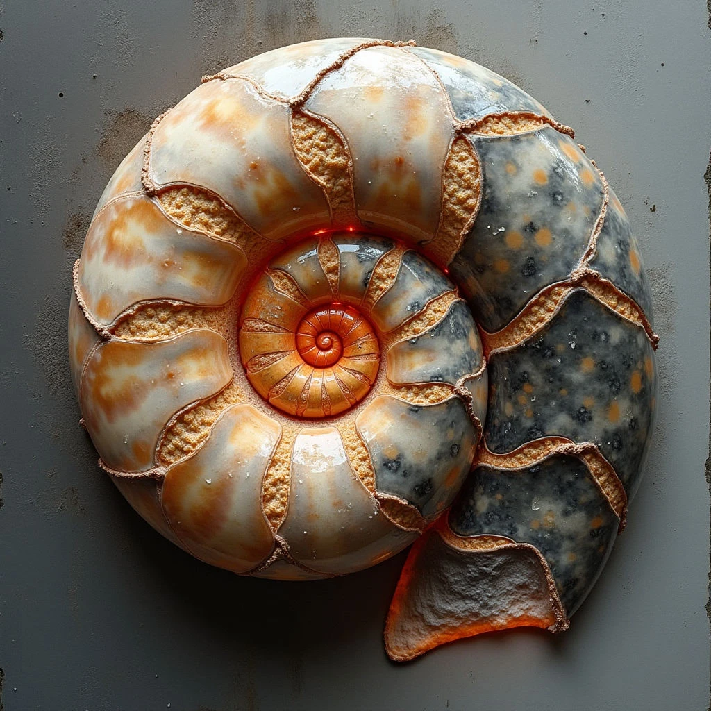 The image features a coiled form with a central spiral, primarily composed of off-white and shades of orange and gray. The surface displays a segmented texture, transitioning from small, granular areas near the center to larger, rougher patches towards the outer edges, with visible seams between sections. Light appears diffused across the object, creating subtle highlights and shadows that emphasize its rounded shape against a dark, neutral background.