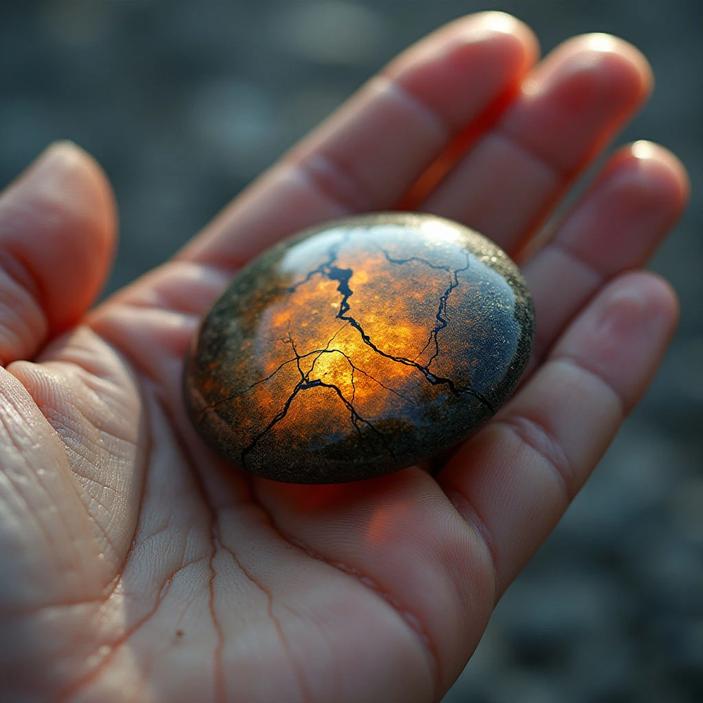 A smooth, dark stone with a network of golden cracks rests in the center of an open palm. Warm tones of orange and yellow emanate from within the stone's fissures, contrasting against its cool gray exterior and the skin’s reddish-brown hue. Light reflects brightly off the polished surface of the stone while casting shadows across the hand and blurring the background into indistinct shapes.