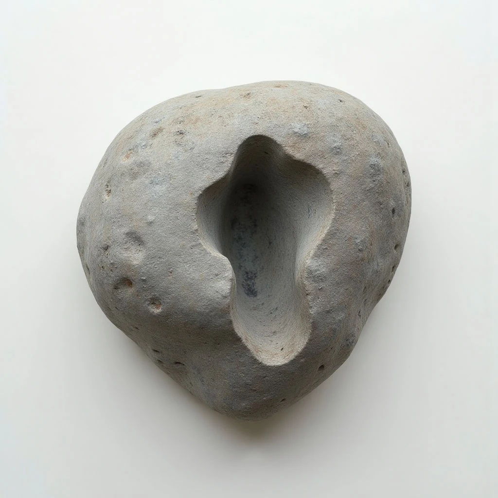A roughly heart-shaped stone rests on a pale surface. A deep, irregular indentation carves into the center of the stone, creating a hollow space with darker tones within. The stone’s texture is porous and speckled, appearing weathered and worn.