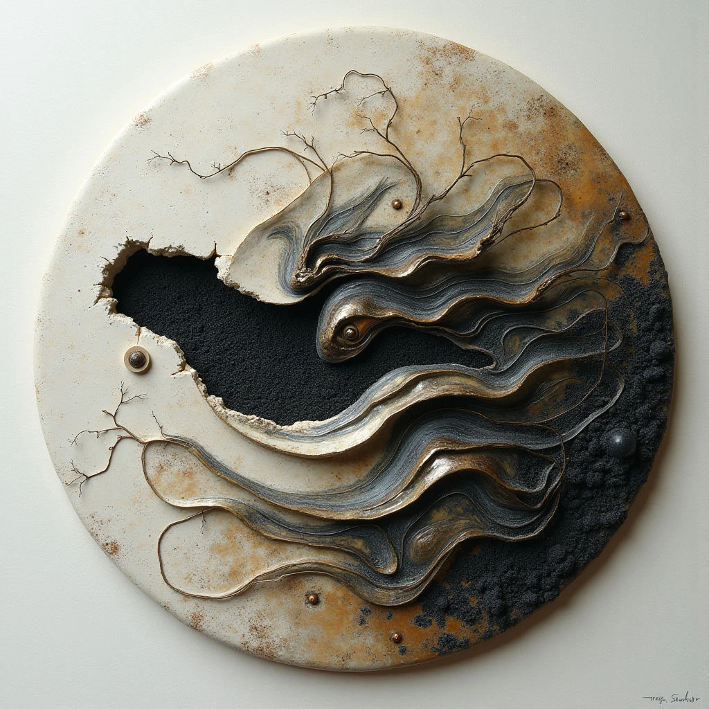 The work features a palette of creams, browns, blacks, and metallic grays arranged in a roughly circular form. Varied textures are present, ranging from smooth, layered surfaces to rough, granular areas, with delicate branching lines contrasting against more solid shapes. Light appears to come from the upper left, casting subtle shadows that emphasize the depth and three-dimensionality of the composition as forms emerge from a lighter background into darker recesses.