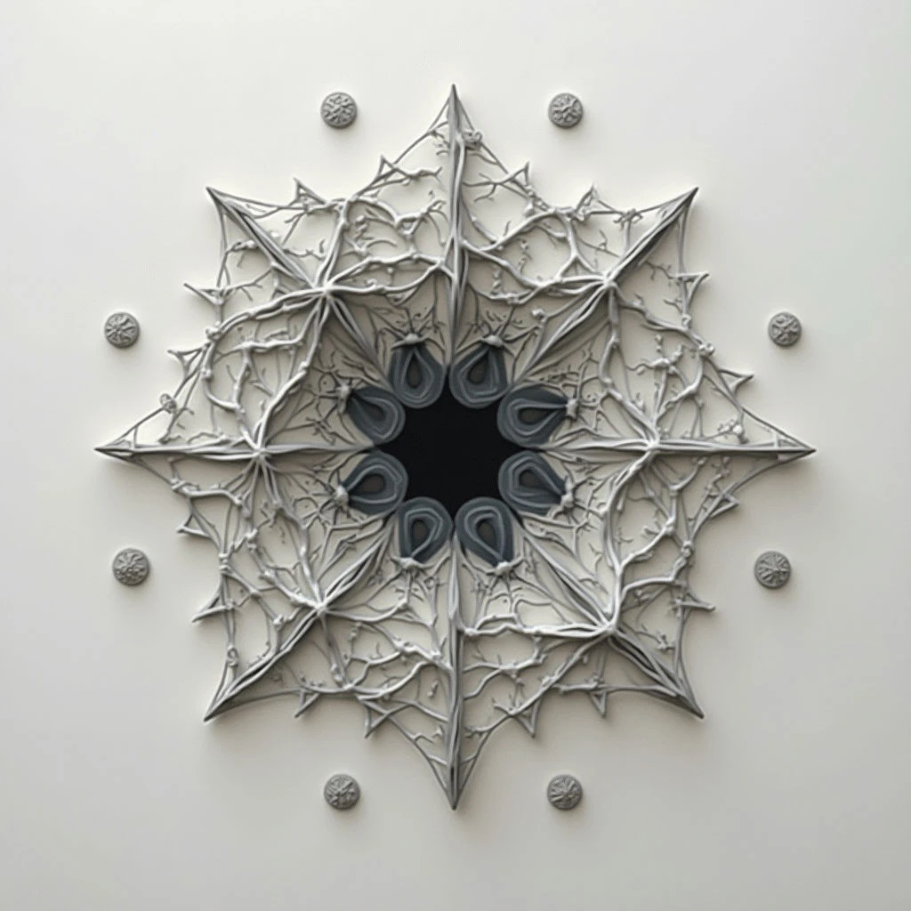 A complex, symmetrical structure resembling a snowflake or starburst is mounted on a pale background. The form is constructed from delicate, interwoven lines and features dark, teardrop-shaped openings at its center. Small, circular elements are evenly spaced around the perimeter of the larger shape.