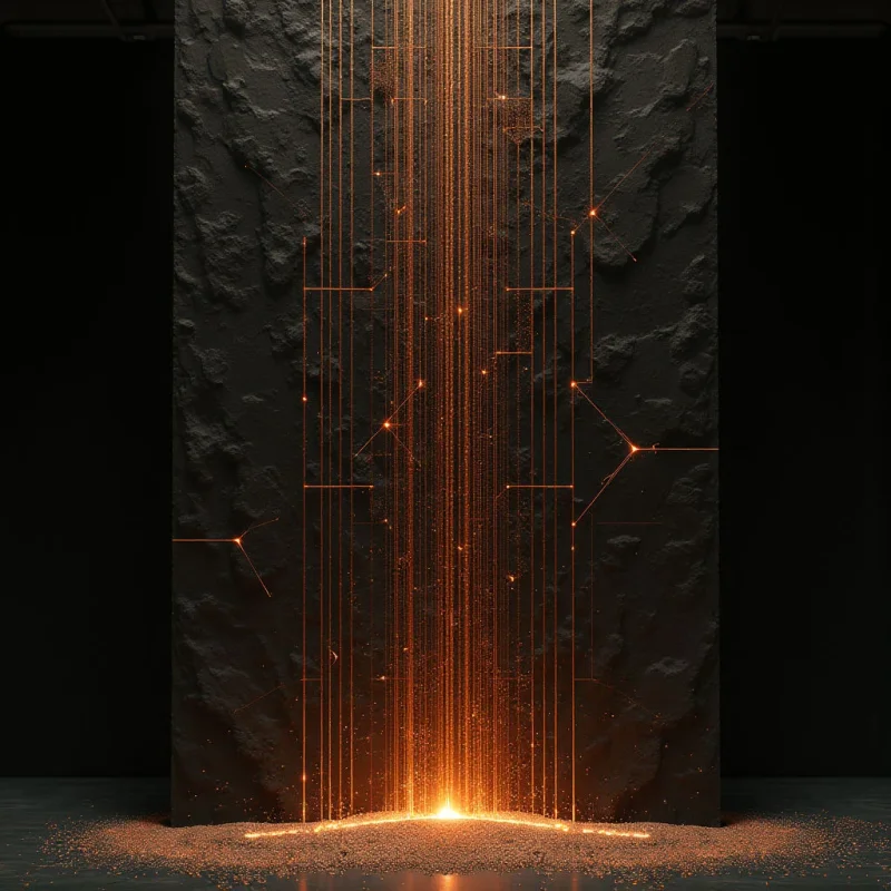 A tall, dark, textured monolith stands centered against a black background, featuring fine orange lines and glowing particles that trace geometric patterns across its surface. A bright orange light emanates from the base of the structure, casting a warm glow onto the granular floor below. The composition relies on the sharp contrast between the rugged, matte stone and the luminous, precise streaks of light.