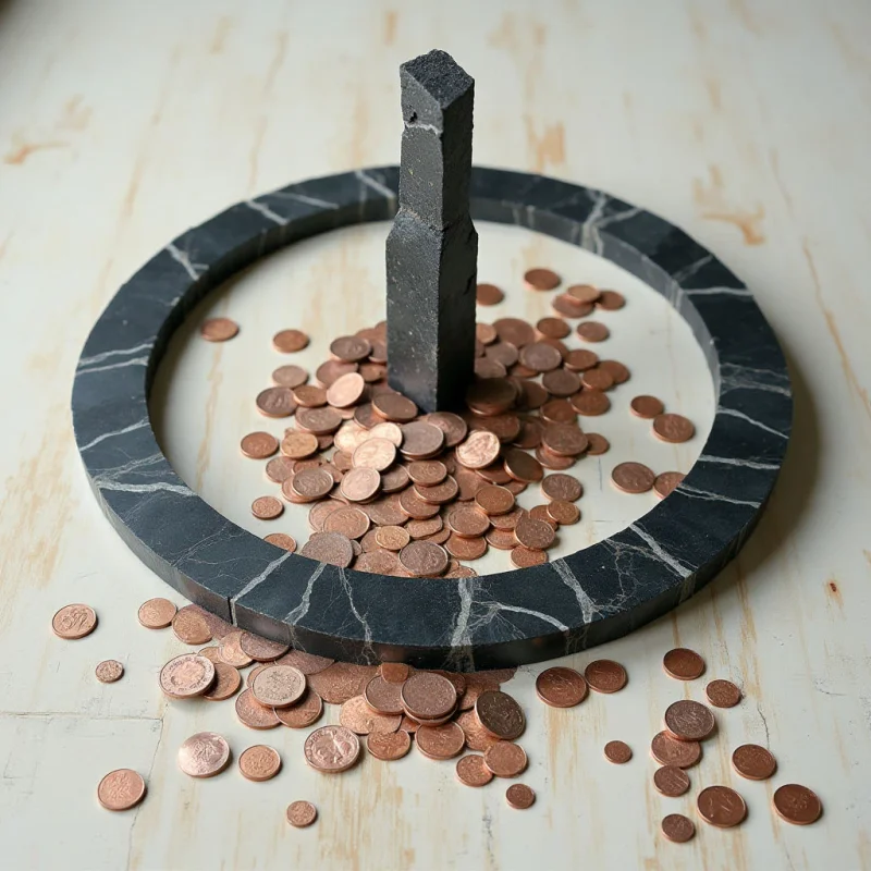 A dark, textured stone pillar stands vertically in the center of a matching circular ring, both set upon a pale, wood-grained surface. Numerous small, copper-colored coins are scattered inside and around the base of the ring, creating a contrast between the metallic sheen and the matte stone. Soft light illuminates the scene from above, casting gentle shadows and highlighting the irregular edges of the pillar and the smooth surfaces of the coins.